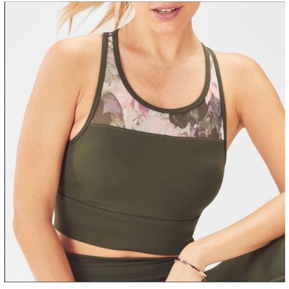 FABLETICS Women's Size Small Marcia Sports Bra Olive Green Mesh Leaf Print - Picture 1 of 5
